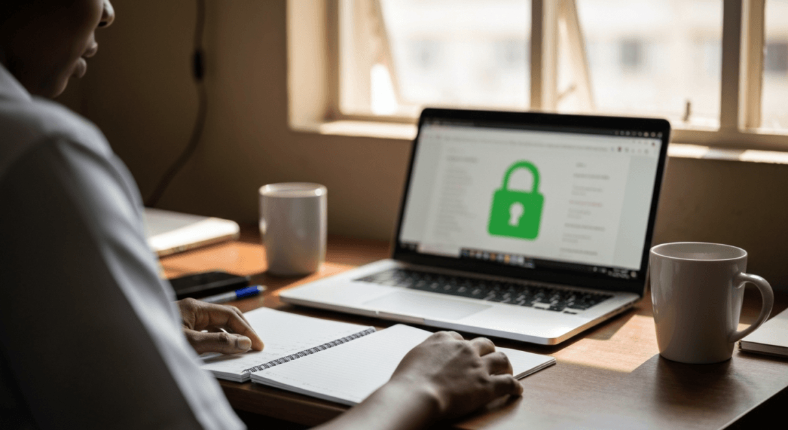 Workspace in Botswana showing laptop with HTTPS secure connection