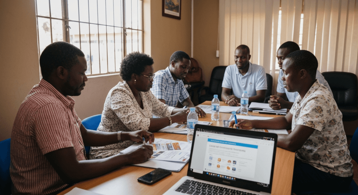 Professionals discussing community event sponsorships in a Botswana office, illustrating the strategy's planning and impact.