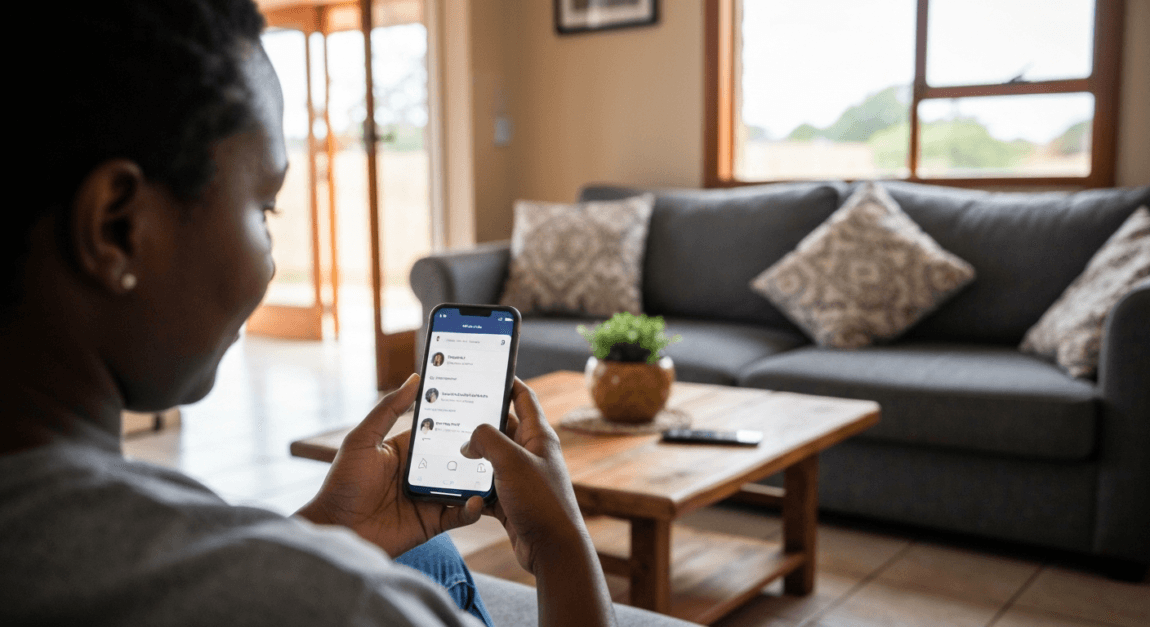 Person using a smartphone in a Botswana home, representing local social media engagement for business promotion.