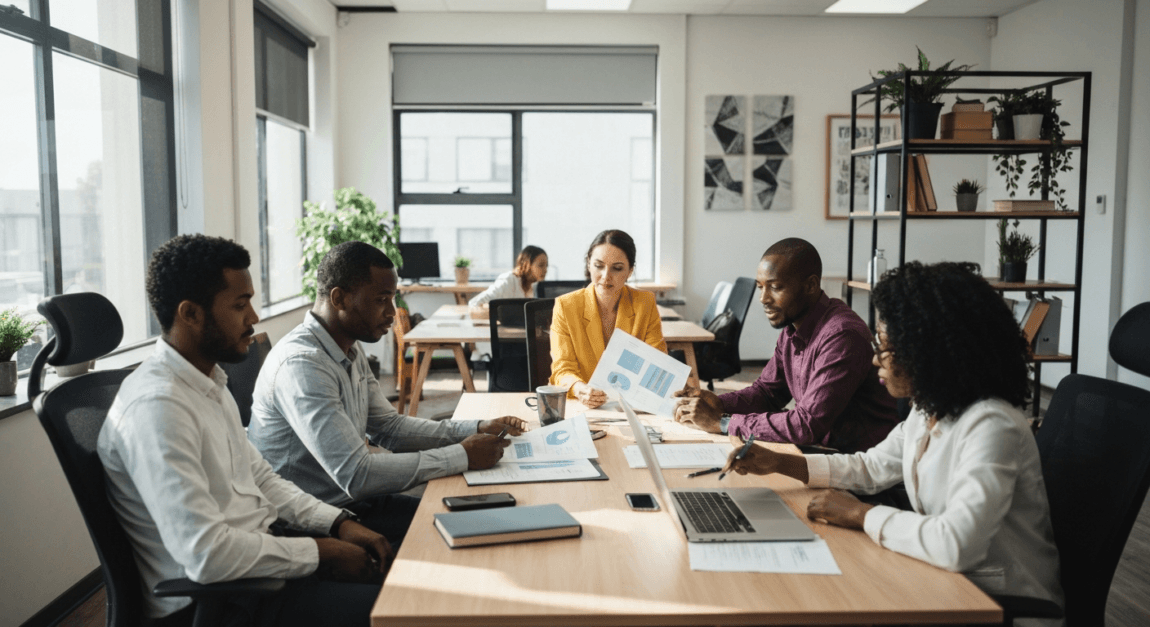 Business team in Botswana office discussing scaling strategies with technology and processes.