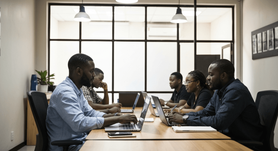 Botswana office with LED lighting and employees collaborating
