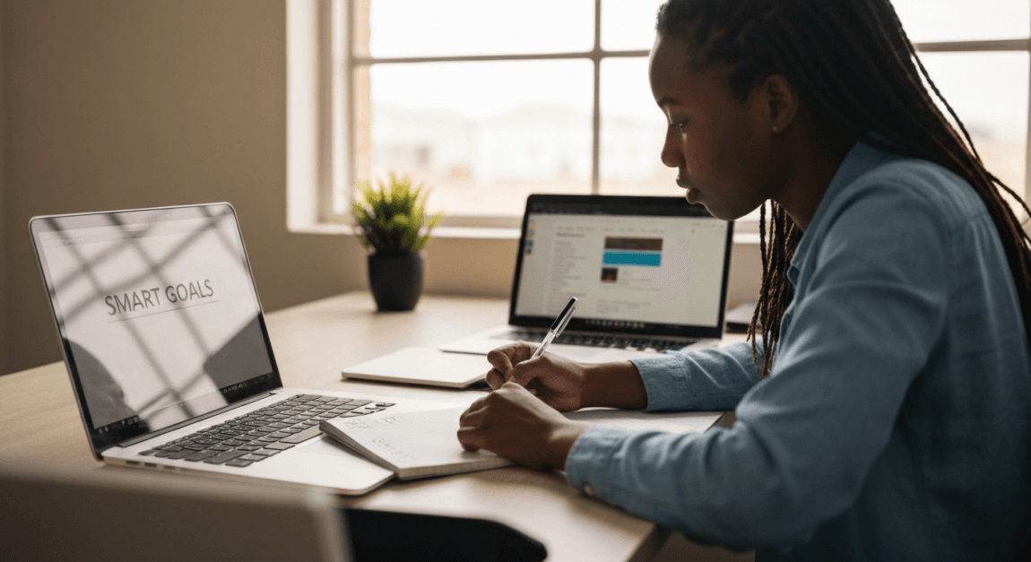 Goal Setting & Time Management for Entrepreneurs 1 Entrepreneur in Botswana writing SMART goals on a whiteboard.