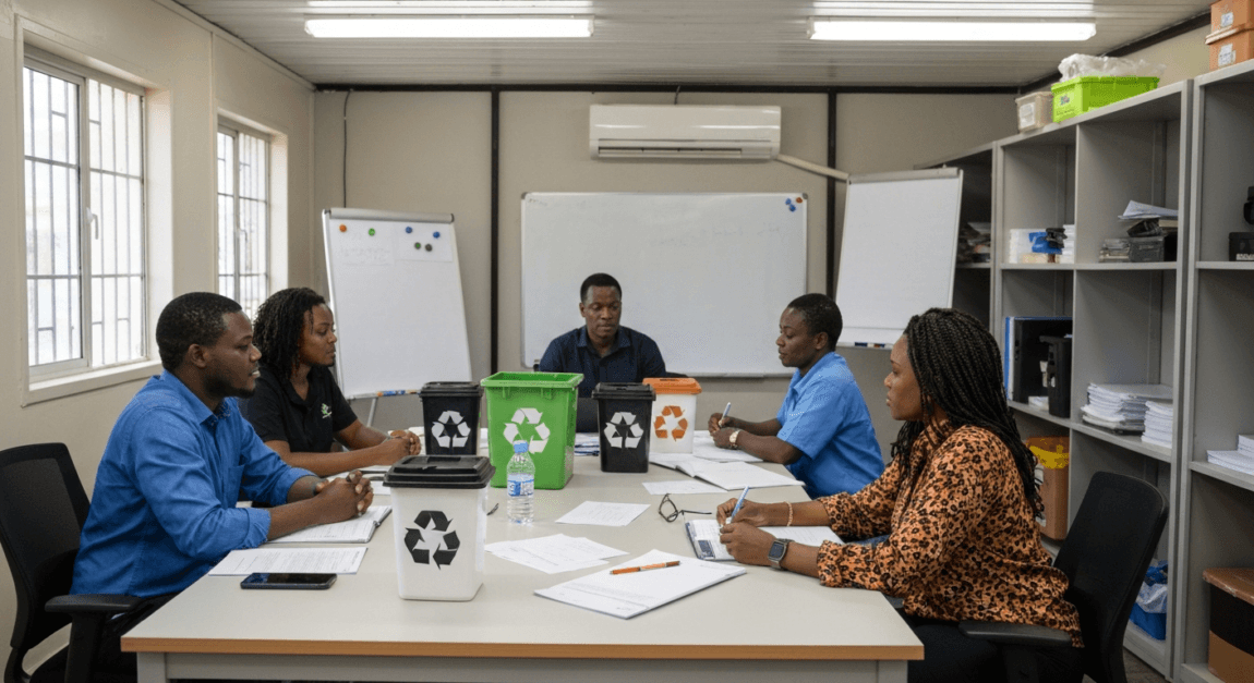 Team meeting in Botswana office discussing recycling strategies
