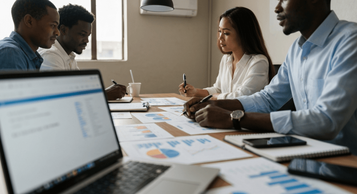 Goal Setting & Time Management for Entrepreneurs 3 Team in Botswana reviewing business progress with charts in an office.