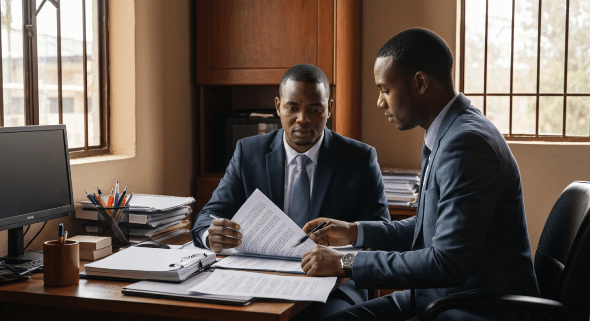 Business professionals reviewing franchise laws documents in a Botswana office