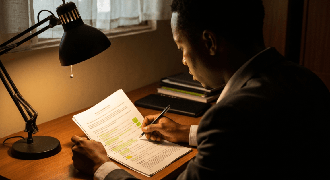 Person studying a document with highlighted red flags in an office