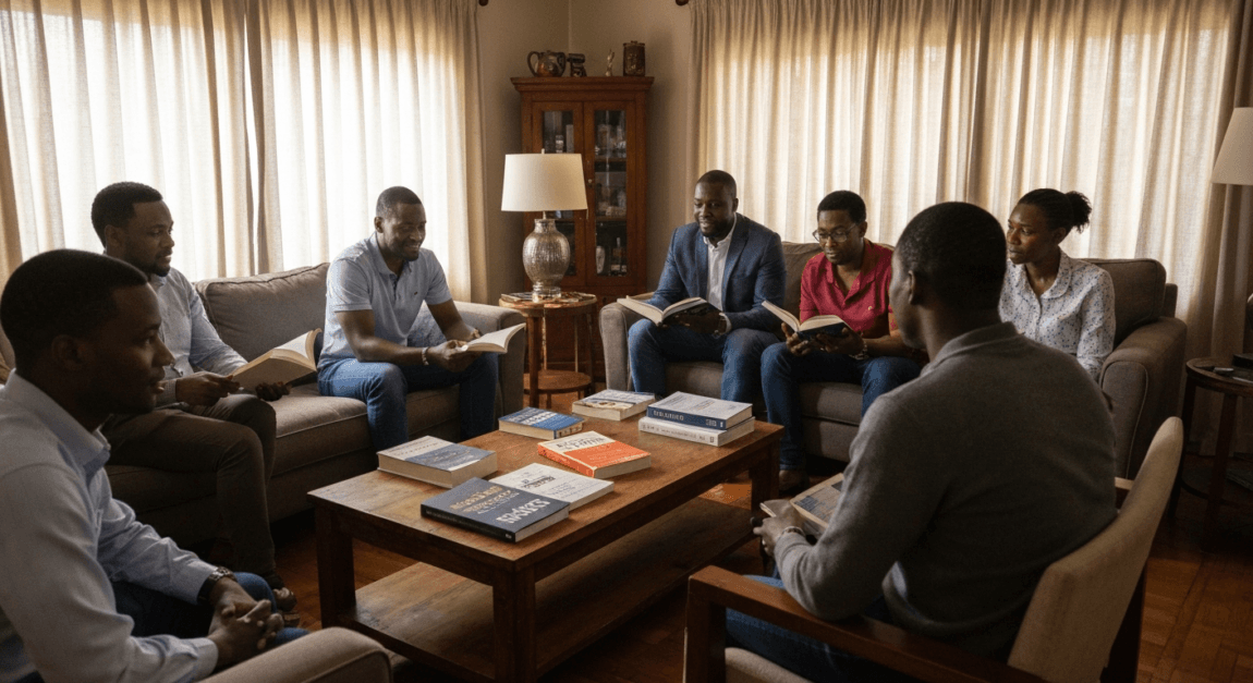 Motivational Books to Keep Entrepreneurs Inspired 7 Botswana entrepreneurs in a lively book club discussion enhancing business inspiration.