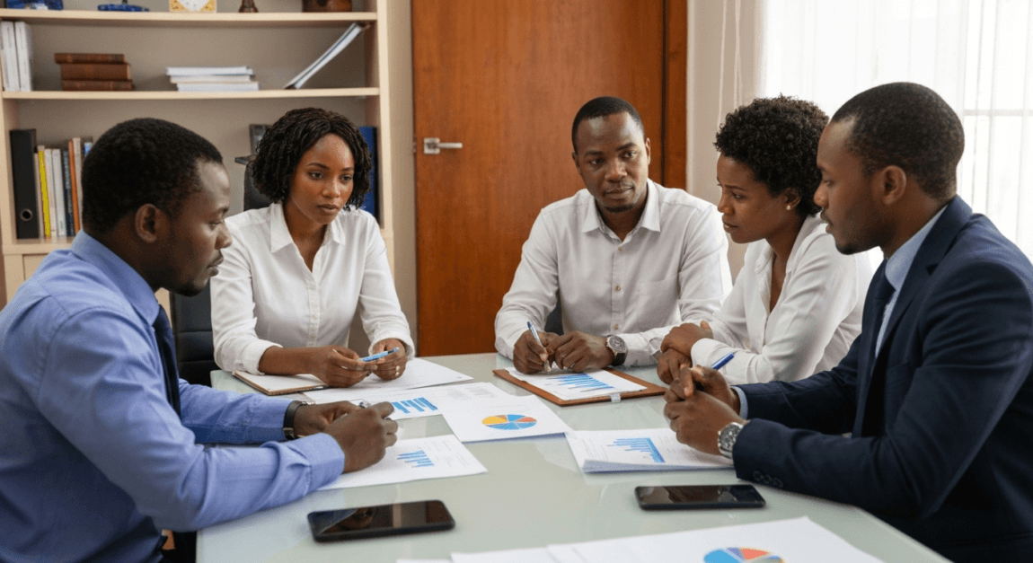Business professionals in a serious meeting discussing franchise failure procedures