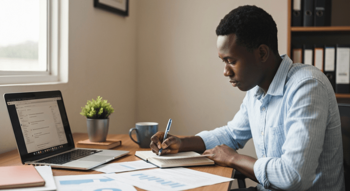 Motivational Books to Keep Entrepreneurs Inspired 4 A Botswana entrepreneur analyzing notes to learn from business failures.