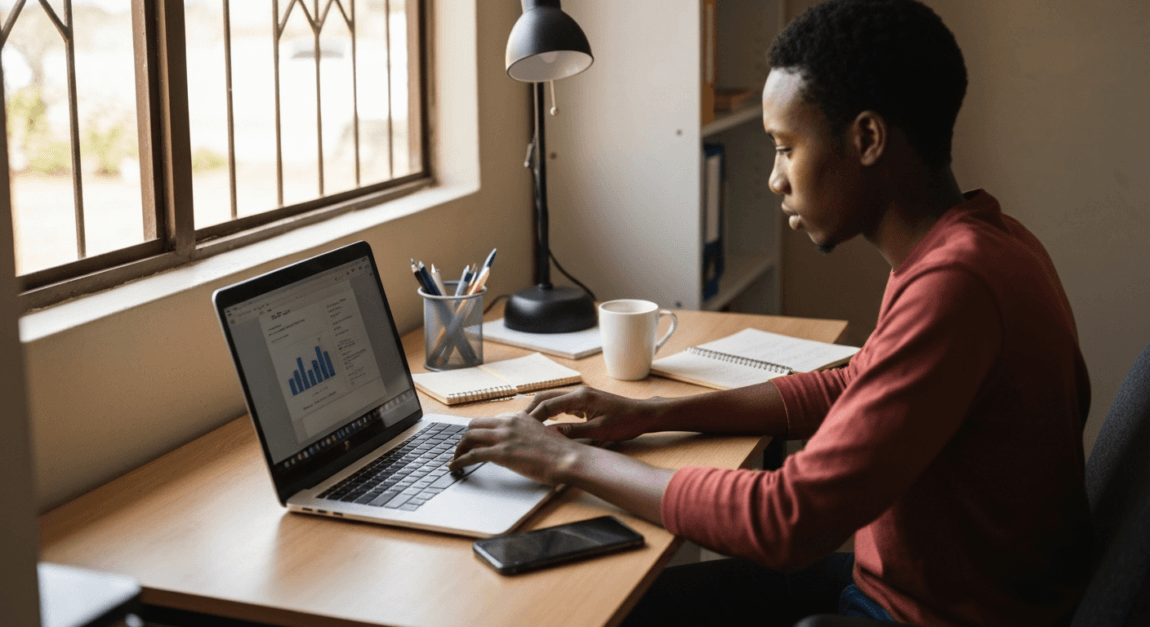 Young entrepreneur working on a laptop in a small Botswana office, representing the concept of passive income strategy.