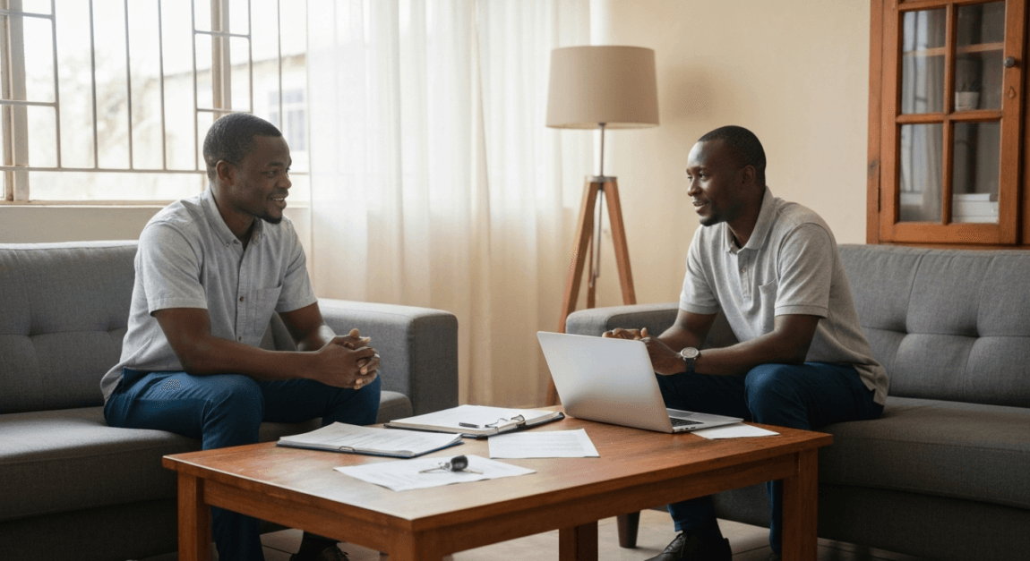 Landlord and tenant meeting in a Botswana home, discussing rental properties as passive income.