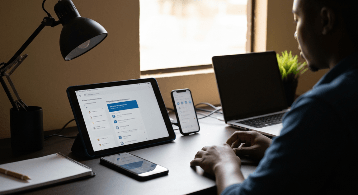 Digital tools on an office desk used for streamlining passive income operations.
