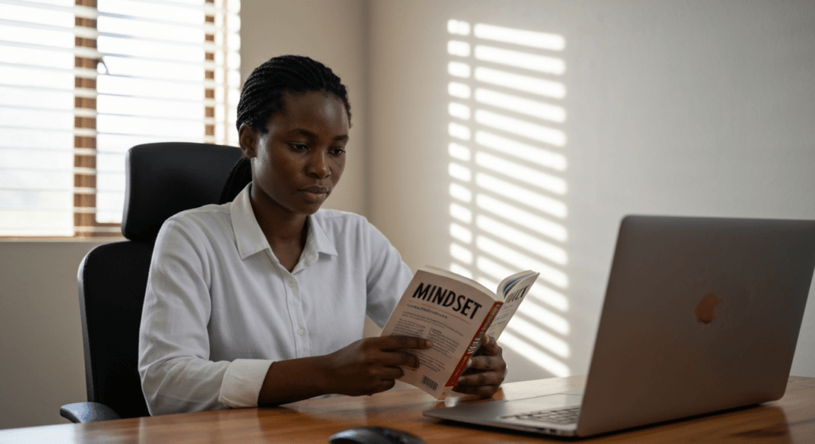 Mindset & Self-Development Books for Entrepreneurs 1 Botswana entrepreneur reading 'Mindset' to adopt growth principles in business.