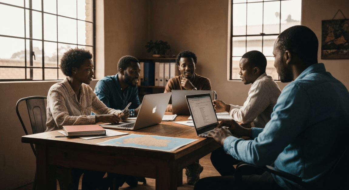 Entrepreneurs in Botswana collaborating around a table with a map and laptops.