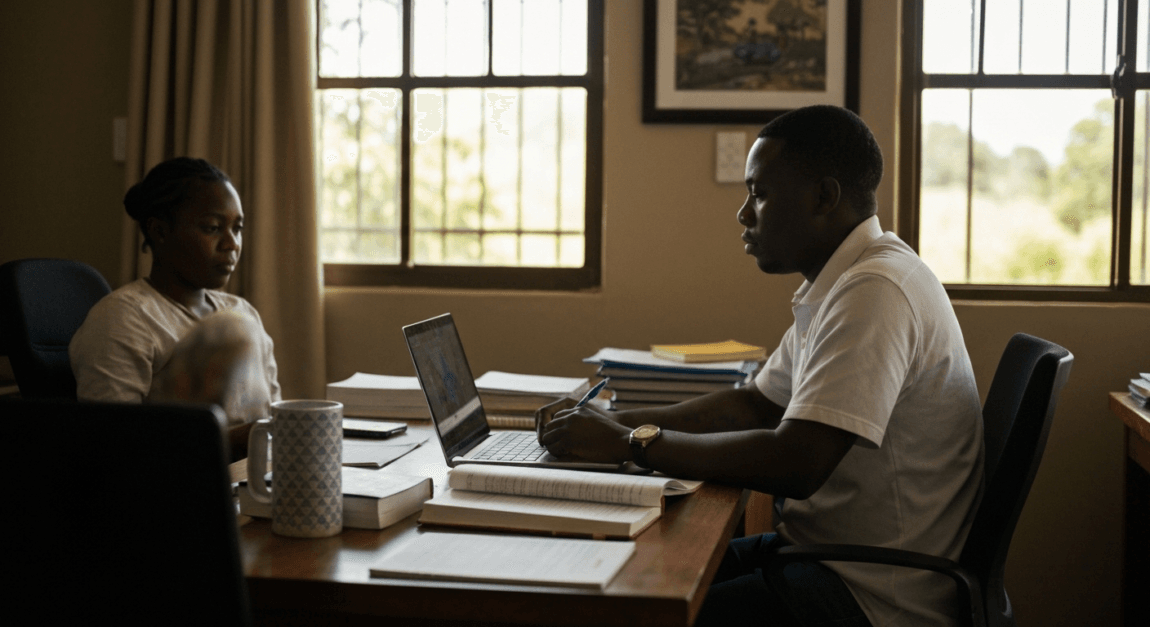 Focused Botswana entrepreneur working at a desk with a laptop and books.