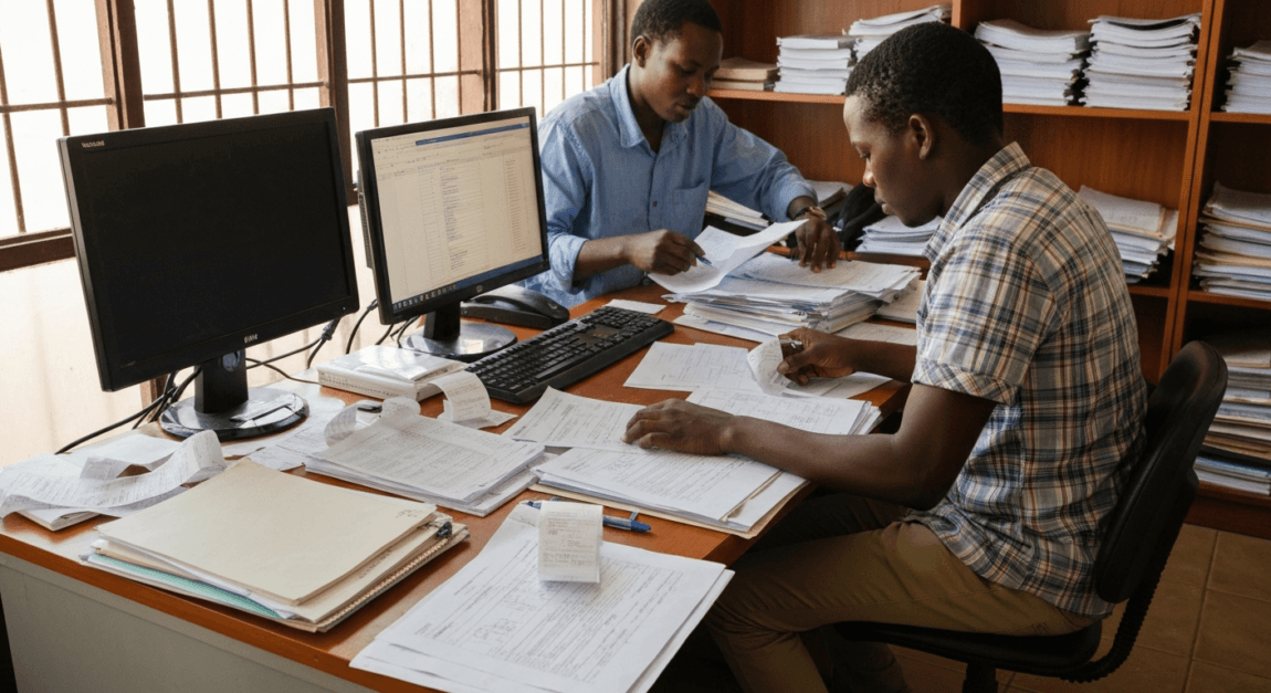 Botswana office scene with employees organizing financial documents for VAT compliance
