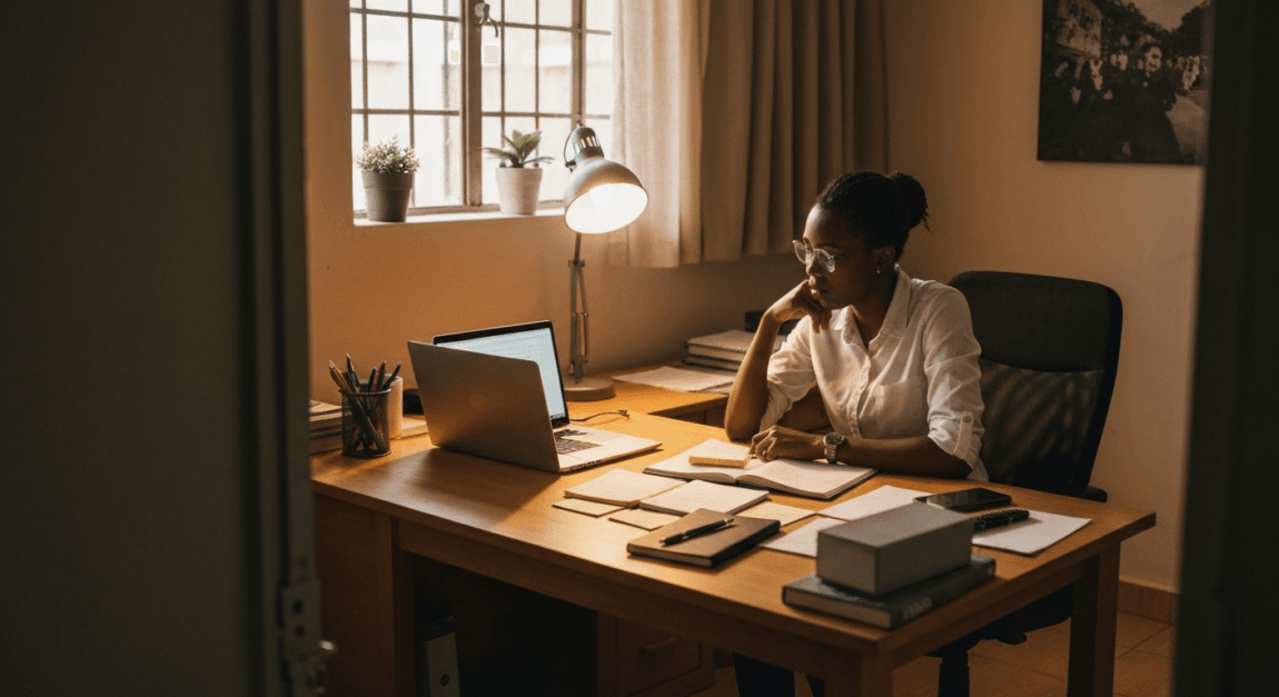 Botswana entrepreneur confidently working at a desk, symbolizing risk-taking