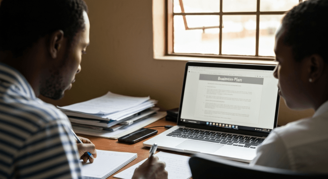Botswana entrepreneur using business plan template on laptop in a small office