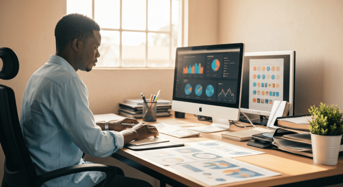 Professional analyzing AI-generated marketing analytics in a Botswana office.