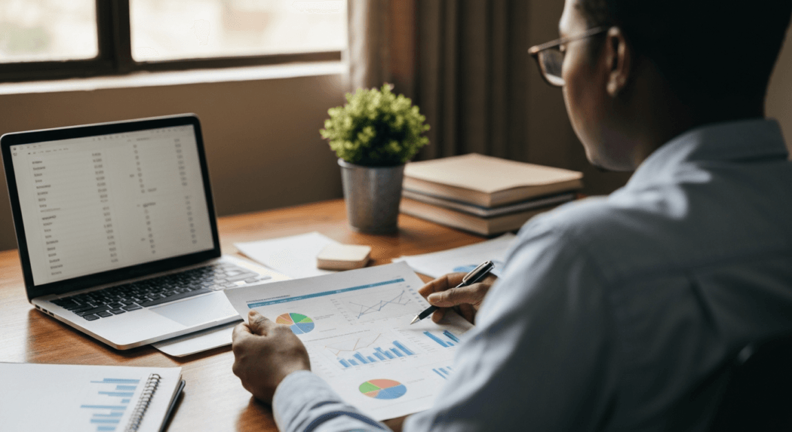 Person reviewing financial documents in a Botswana home office, analyzing financial stability for international expansion.