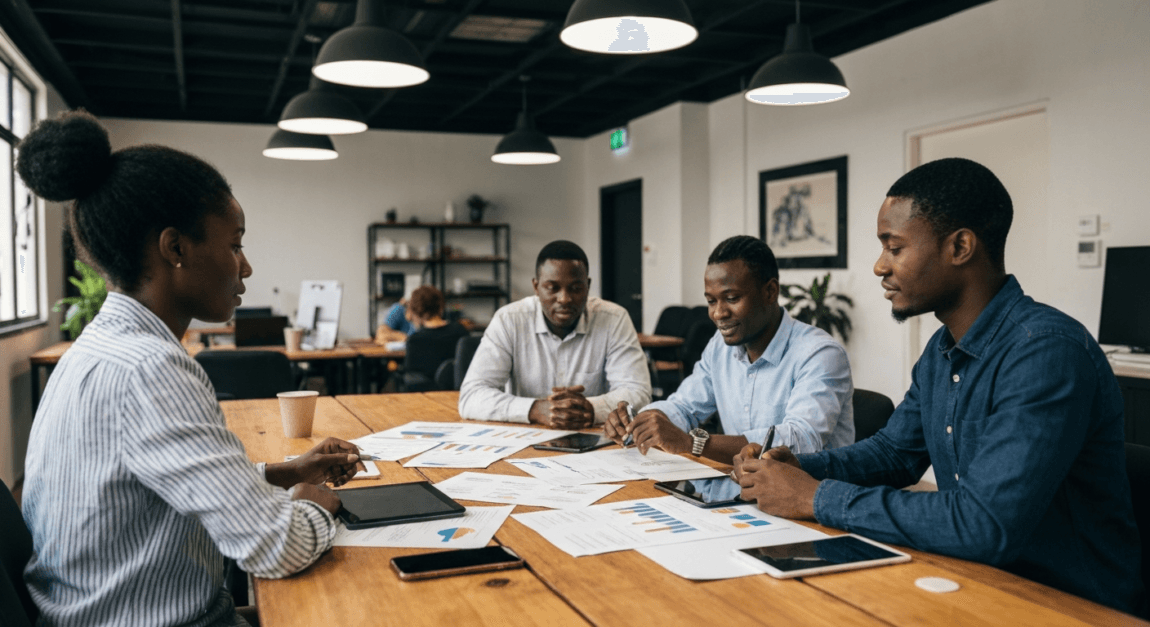 Team of professionals in a Botswana office discussing market research strategies for foreign expansion.