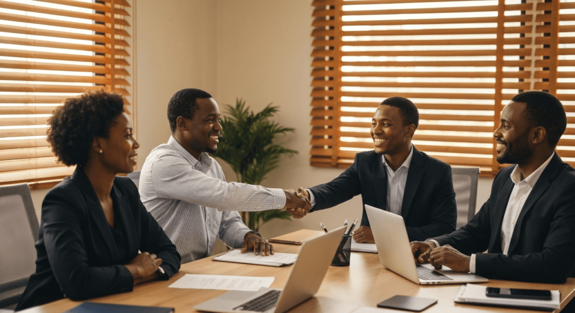 Business professionals in a Botswana office shaking hands, symbolizing a new partnership for international expansion.