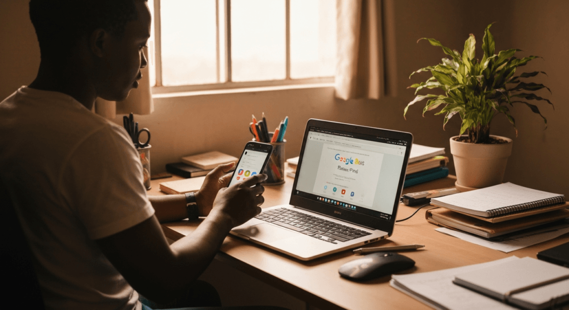 Botswana small business owner managing online presence on a laptop and phone.