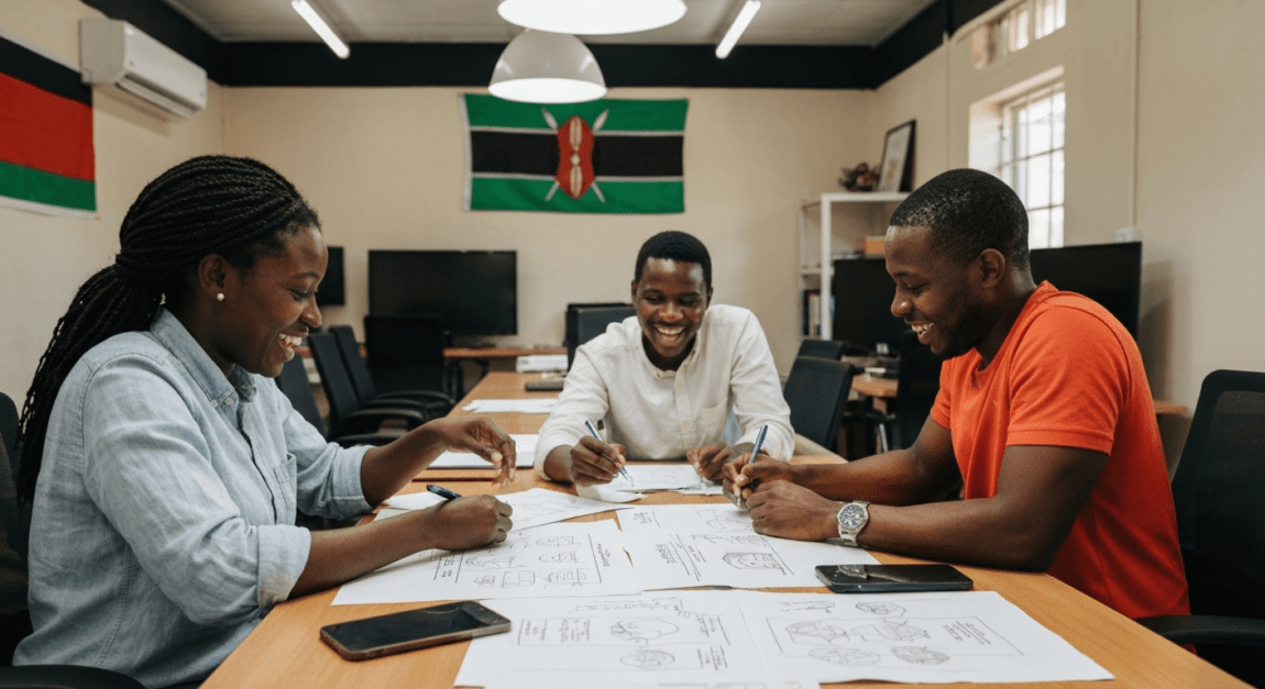 Team of Botswana entrepreneurs brainstorming content ideas around a table.