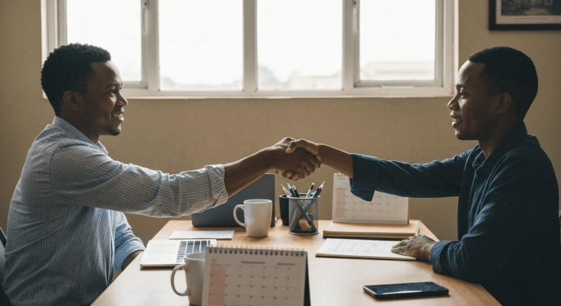 Two Botswana business owners in a meeting, shaking hands and discussing strategies.