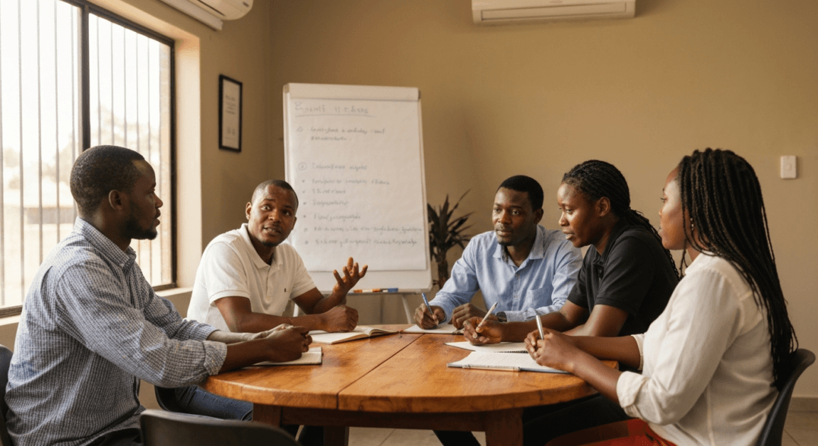 Botswana entrepreneurs engaged in a community meeting discussing local business opportunities.