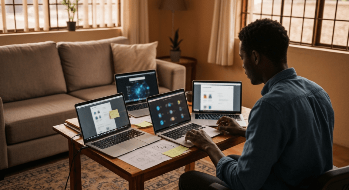 Entrepreneur in a Botswana home office analyzing AI tools on multiple laptops.