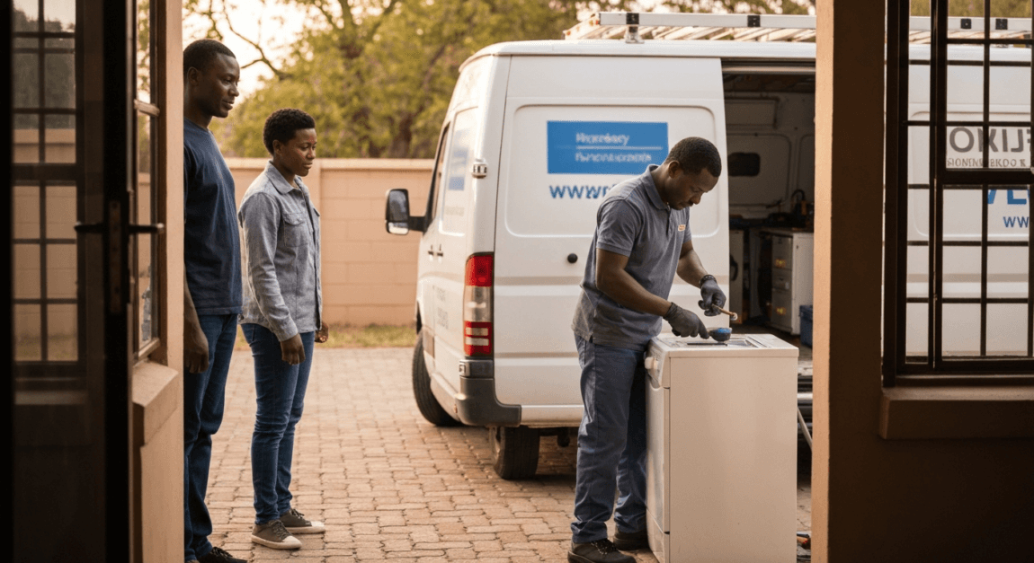 Mobile repair technician fixing an appliance in a home driveway in Botswana.