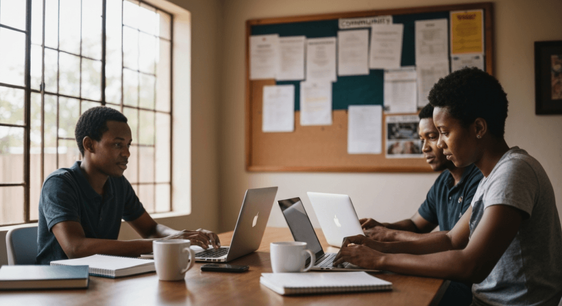 Small-town Botswana entrepreneurs collaborating in a co-op workspace environment.