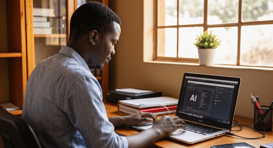 Small business owner in Botswana using an affordable AI tool on a laptop