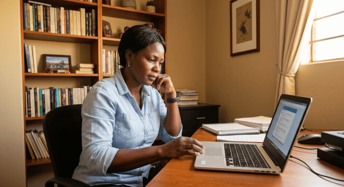 An employee of a Botswana SME undergoing AI training on a laptop in a home office
