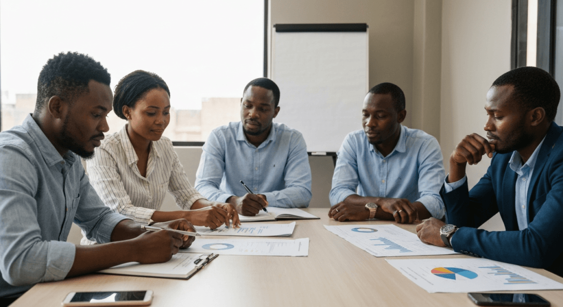 Stakeholders in a Botswana SME discussing AI integration during a meeting