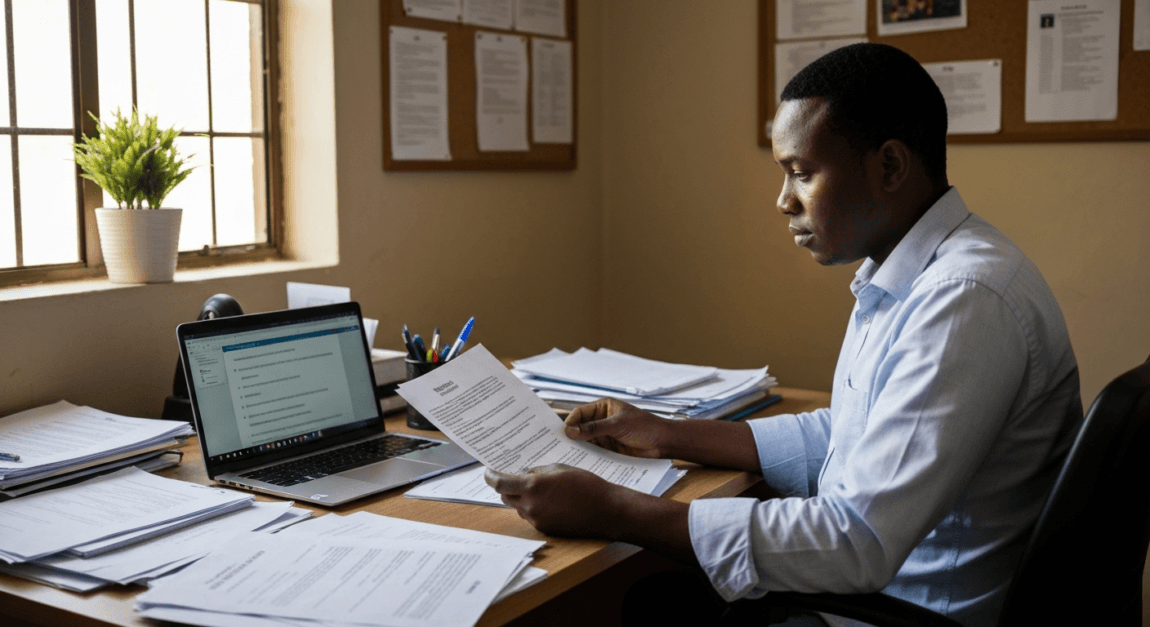 Botswana business owner reviewing trademark registration documents at a desk