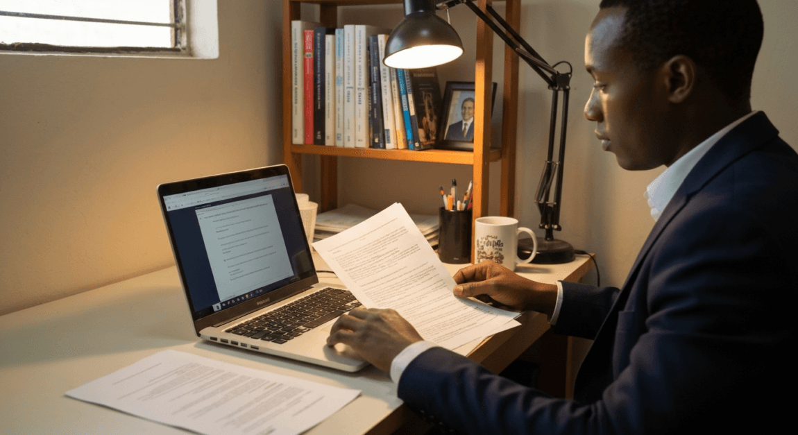 Business professional conducting a trademark search on a laptop in Botswana
