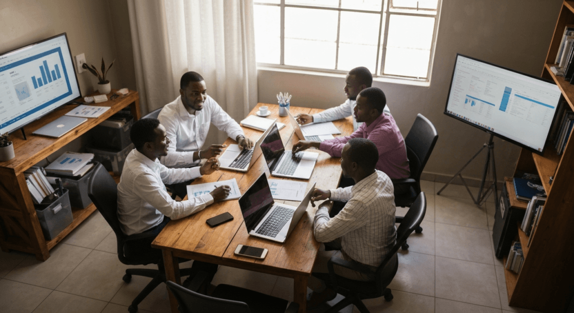 Botswana business team researching investors in a home office environment.
