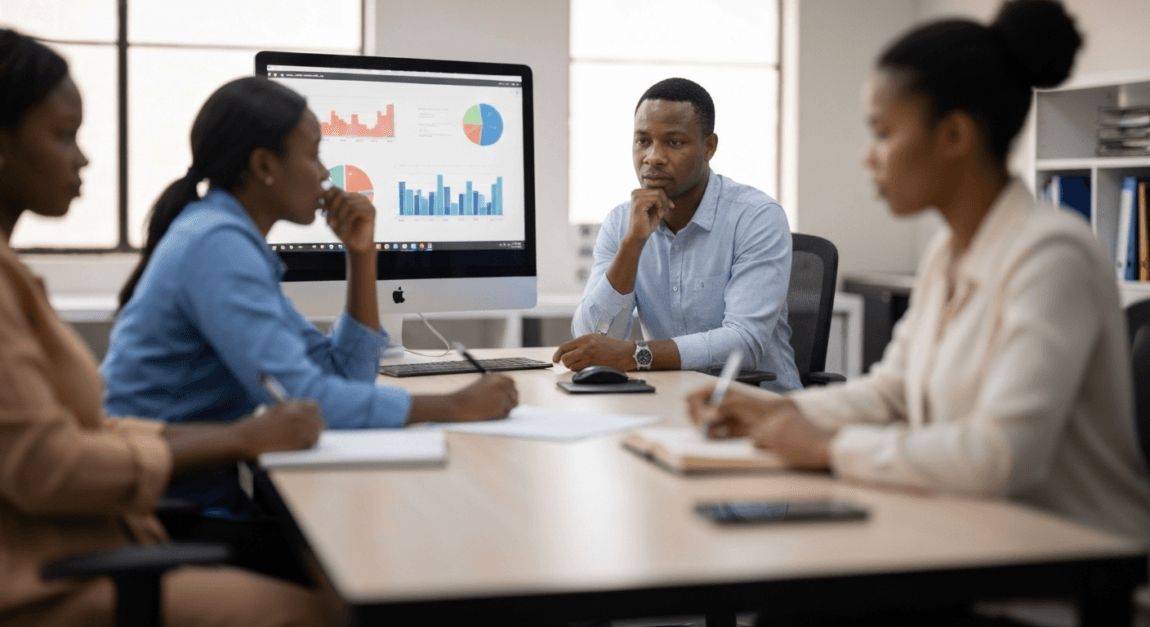 Botswana professionals discussing a business model around a meeting table.