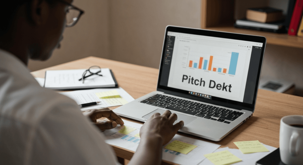 Entrepreneur in Botswana creating a pitch deck on a laptop.