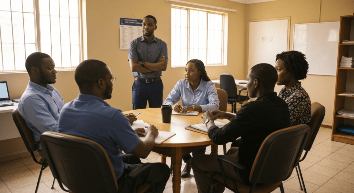 Botswana SME team discussion demonstrating leadership and integrity