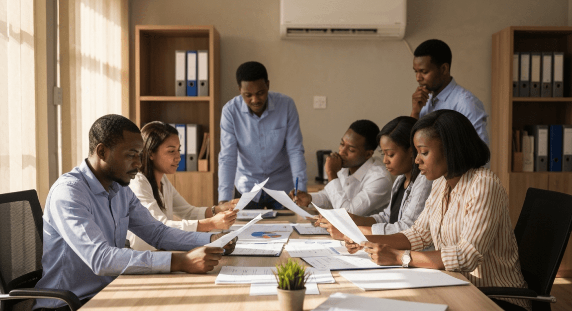 Colleagues reviewing paperwork in a Botswana office demonstrating checks and balances