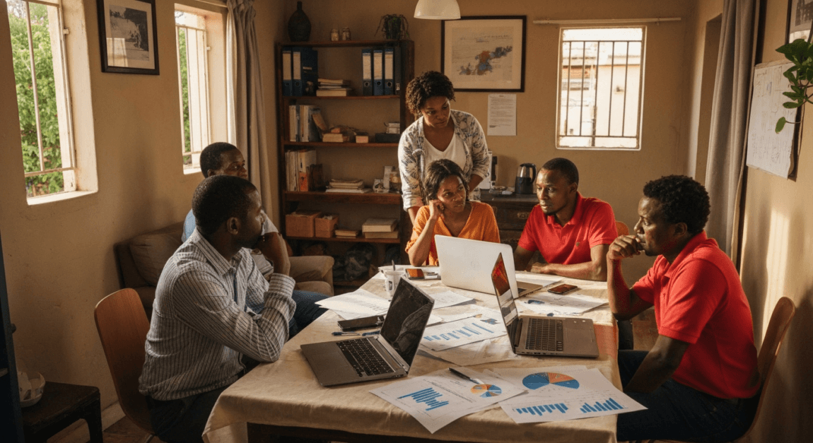 Group of Botswana entrepreneurs discussing venture capital challenges in a small office.