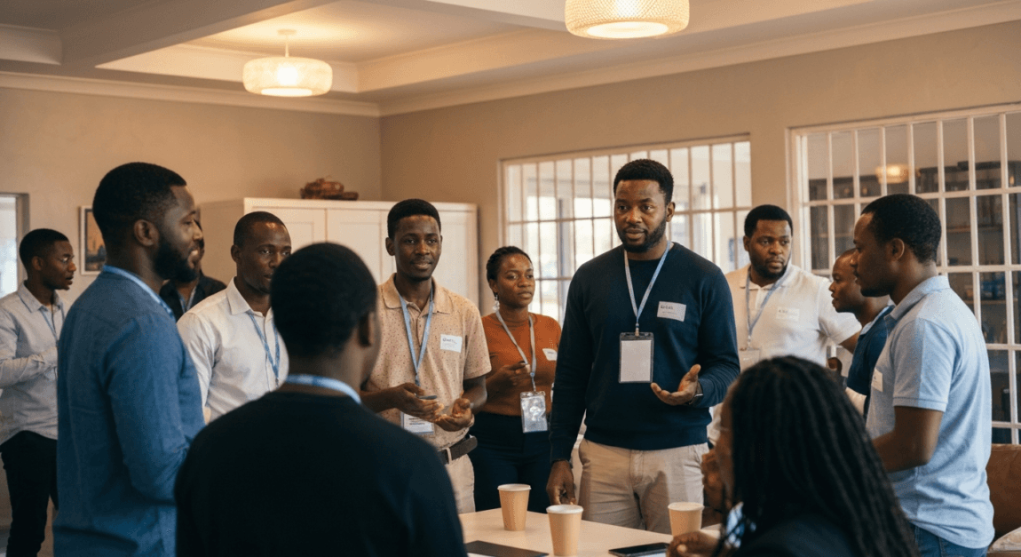 Botswana entrepreneurs and investors networking at an Angel Network Botswana event.