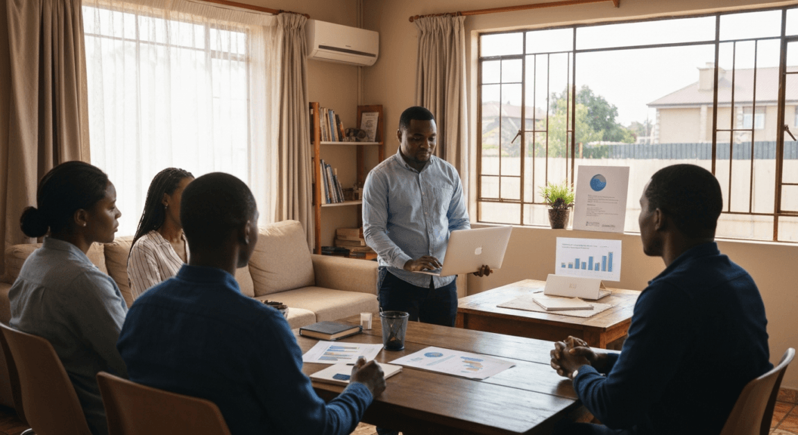 Botswana entrepreneur pitching to a group of attentive investors.