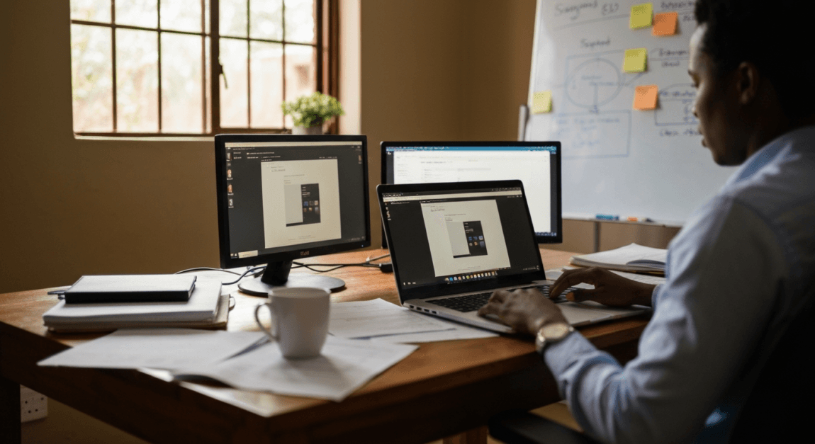 A business person in Botswana managing multiple online sales channels from a home office.