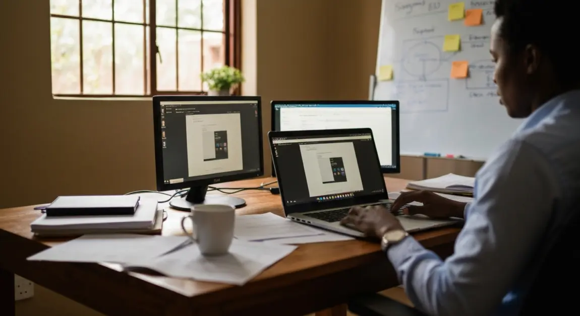 A business person in Botswana managing multiple online sales channels from a home office.