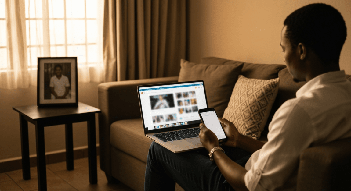 A Botswana entrepreneur working on social media strategies from a living room setting.
