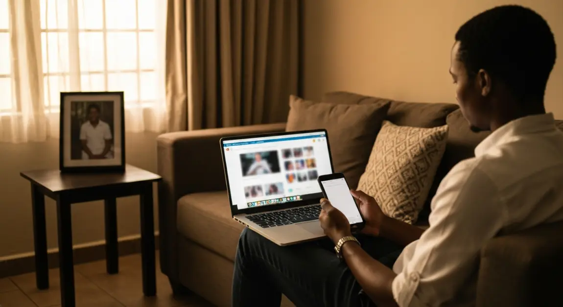 A Botswana entrepreneur working on social media strategies from a living room setting.
